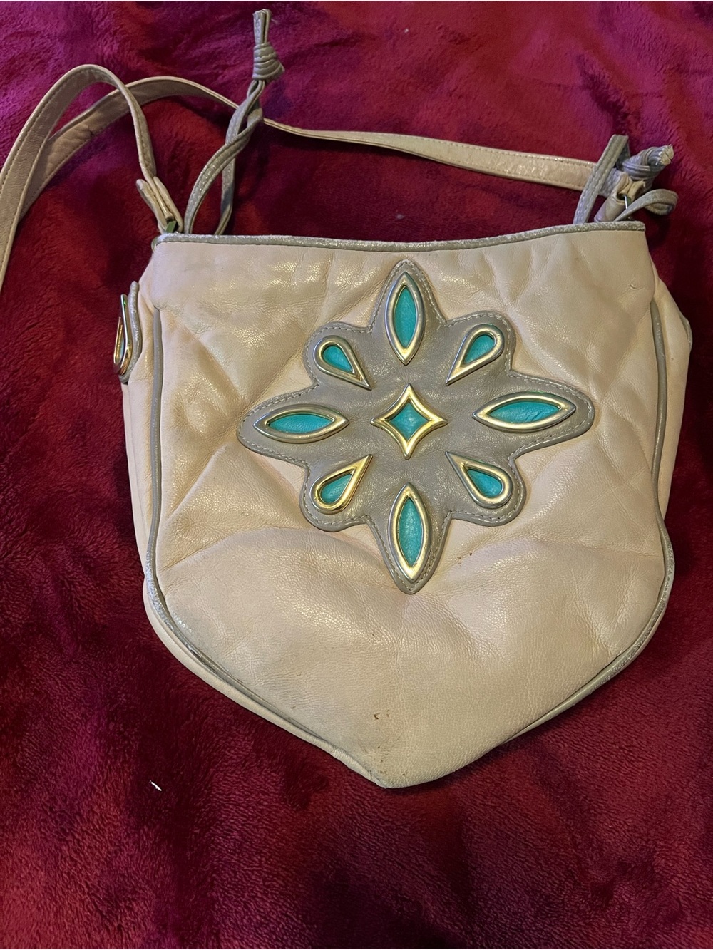 Meyers USA Beige Leather Crossbody Bag with Turquoise Accent vintage